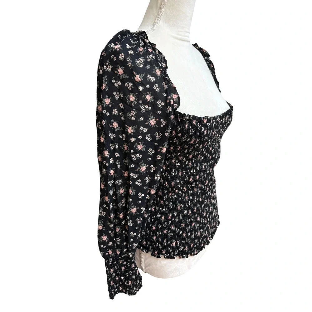 Reformation Pinto Black Freesia Smocked Floral Dark Romantic Whimsygoth Top - 1x